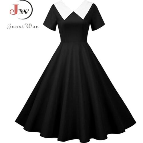 Women Summer Dress Peter Pan Collar Solid Vintage Elegant Black Party Dresses Fashion A-line High Waist Robe Femme Vestidos