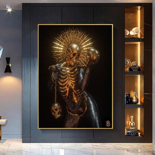 Golden Metal Figure Skull Statue Picture Wall Poster Modern Canvas Print Painting Art Aisle Living Room Bedroom Decor Cuadros
