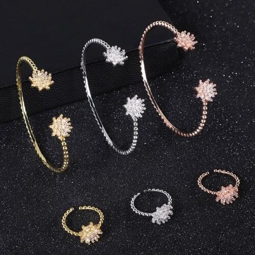 3Sets/Package Luxury Sunflower Saudi Arabia Bangle Ring Set For Women Micro Cubic Zircon Pave Party Wedding Dubai Jewelry