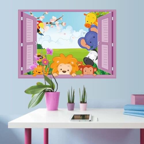 3D Window Cartoon Animals Zoo Wall Sticker Lion Kids Room Decals Girls boys Vinyl Wall Sticker Home Decor Cute Animals Windows