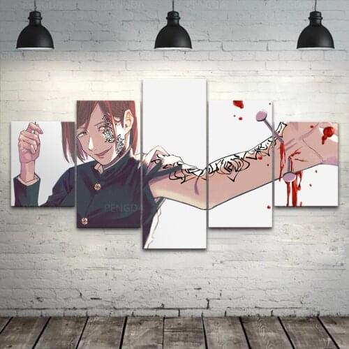5 Panel Wall Art Japan Anime Canvas Painting Kugisaki Nobara Poster Home Decor Modular Jujutsu Kaisen Pictures Living Room Frame