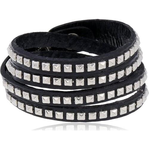 Punk Rock Fashion Men Black Bracelet Cuff Multilayer Leather 2 Rows Rivets Charm Bangle Wrap Wristband Women Hiphop Jewelry Gift