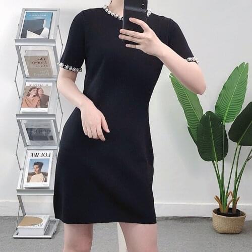 Black White Knit Short Sleeve Slim Casual Summer Luxury Beading O-Neck Mini Dress Fashion Office Ladies Brand Design Clothes