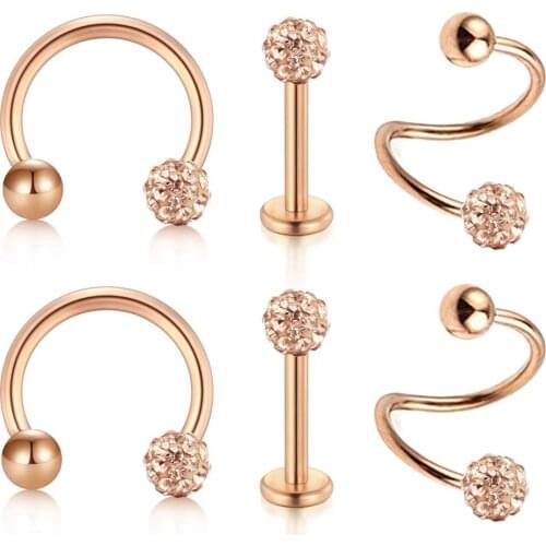 JFORYOU 6PCS 16G Cartilage Helix Tragus Stud Earring Twist Spiral with Crystal Ball Spiral Horseshoe Barbell Lip Labre
