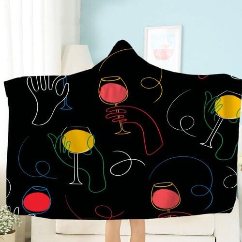Red Wine Hooded Blanket Cocktail Cartoon Fleece Blanket 3D Print Colorful Blanket Home Drink Throw Blanket Soft Wearable Blanket