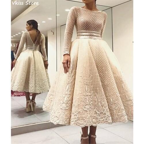 Elegant Bige Color Lace Evening Dresses Full Sleeves V-Back Tea-length Prom Gown A-line 2021 Illusion платье с блестками платье