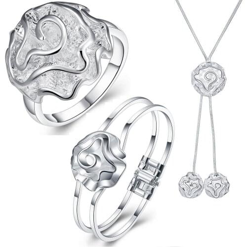 Fashion women 925 sterling Silver rose flower necklaces bangles rings high quality Jewelry set Party wedding lady Christmas gift