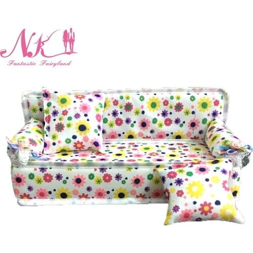 NK One Set Doll Accessories Cute Dollhouse Furniture Flower Cloth Sofa Couch With 2 Cushions For Barbie Doll House Toys DZ