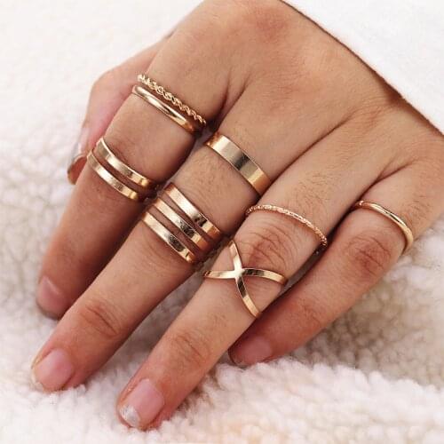 KISSWIFE 8 Pcs/Set Simple Design Round Gold Color Rings Set For Women Handmade Geometry Finger Ring Set Female Jewelry Gifts