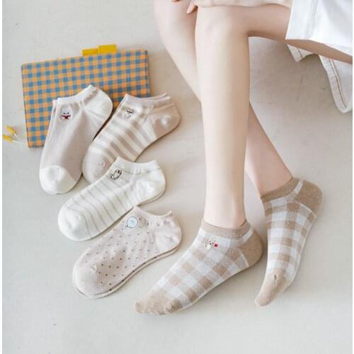 The New Spring Summer Women Fashion Cotton Short Heel Socks Animals Embroidered Cute Cartoon Breathable Shallow Mouth Boat Socks