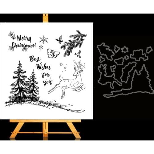 Christmas Pine Forest Deer Metal Cutting Dies and Clear Stamp Set for DIY Scrapbooking Photo Album Decoretive Embossing Stencial