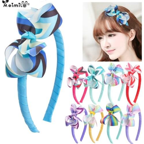 Meimile New Fashion Ribbon Bow Headband Childrens Rainbow Hair Band Bow Handmade Solid Color Headband Hair Accessories Headwear