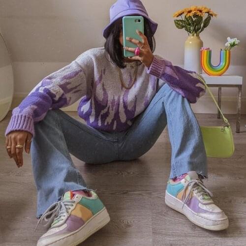 Pullover Women Flame Knitted Long Sleeve Sweaters Ladies Autumn Winter Harajuku Casual Oversized Jumper Loose Streetwear Tops