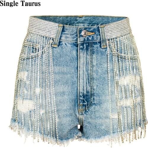 Female Sexy Club Denim Shorts Fashion Streetwear High Waist 2021 Summer Tassel Drill Chain Heavy Craft Jeans Pants Short Women