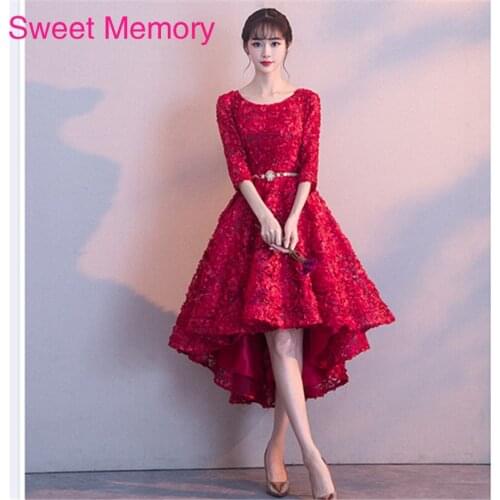 Sweet Memory Women Robe De Soiree Half Sleeve Khaki Evening Dresses O-Neck Elegant High Low Tea-Length Evening Party Dress