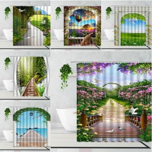 Flower Arched Door Shower Curtain Green Plants Corridor Window Natural Scenery Bathroom Decor Waterproof Bath Curtains With Hook