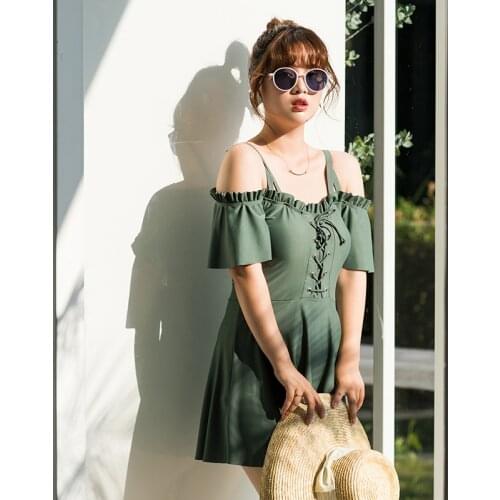 Womens Off Shoulder Swimsuits One Piece Green Plus Size Swimwear Push Up 2020 Chic Solid Ruffles Lace Up Padding Bathing Suit