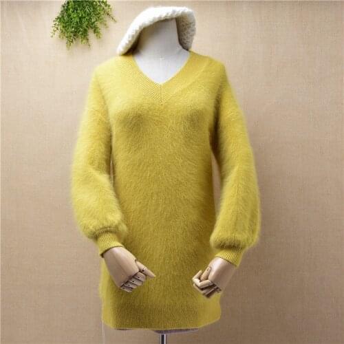 A256 ladies women medium long hairy angora rabbit fur knitwear v-neck long lantern sleeves slim pullover bottoming jumper winter