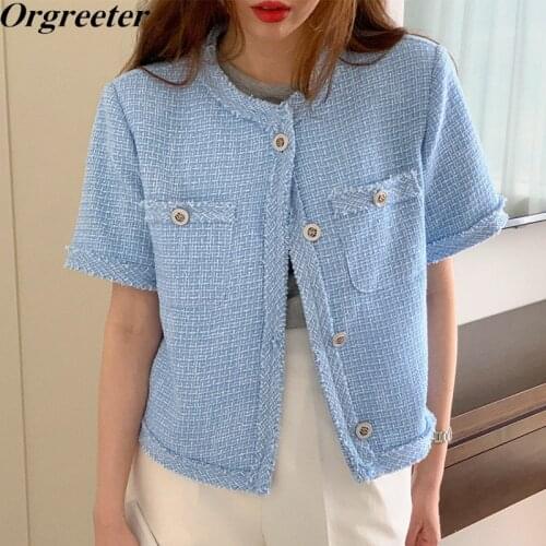 Women Jackets 2021 Summer Fall Korean Chic Ladies Retro O-neck Raw Adge Deasign Single-breasted Loose Tweed Outwear Tops