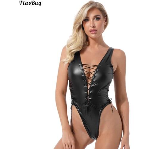 TiaoBug Women Plunging Neckline Lace-Up Faux Leather Bodysuit Clubwear Hollow Out Sleeveless High Cut Leotard Catsuit Lingerie