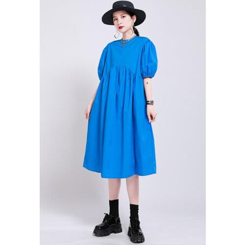 Women Elegant Dress Plain Puff Sleeve A-line Midi Dress Loose Casual Summer Dress Vacation Dress