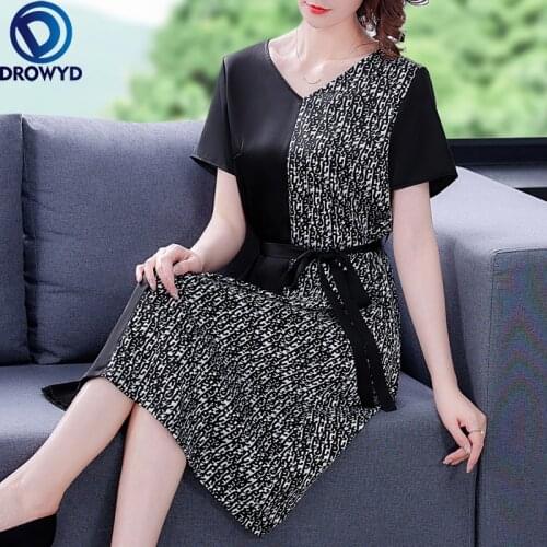 Fashion Silk Satin Dress 2021 Women V-neck Sashes Print Patchwork Short Sleeve Knee Length Elegant Dresses Female Party Vestidos