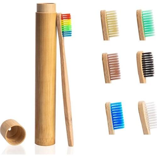 1pc Rainbow Toothbrush +1pc Bamboo Tube Eco Friendly Natural Bamboo Toothbrush Travel Case Soft Head Teeth Brush 2pc Packing