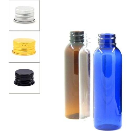 60ml empty cosmo round plastic bottle, clear/blue/amber pet bottle with Lined Aluminum Silver/gold Lid X 5
