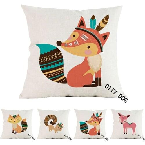 Tribe Woodland linen Animal Cartoon fox pillow case Cushion cover Hotel office bar car sofa 45*45cm Square pillow cushion covers