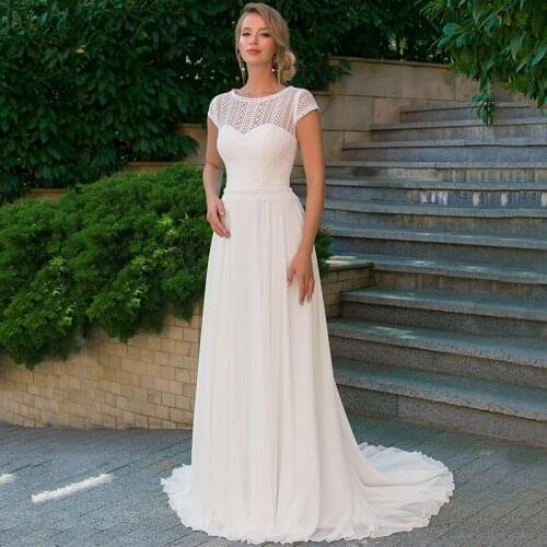 Elegant Chiffon Wedding Dresses 2021 A-Line O-Neck Cap Sleeve Lace Backless Button Beach Bridal Gown Vintage Sweep Train