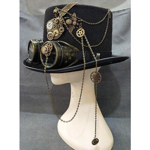 Punk Black Fedora Steampunk Gears Spikes Leather Men/Women Top Hat With Googles Gothic Party Festival Hats Accessories