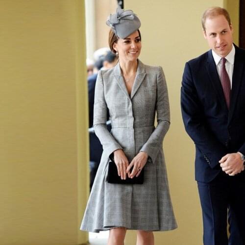 Kate Middleton Plus Size High Quality New Elegant Formal Office Lady Workplace Long Sleeve Gray Lattice Overcoat