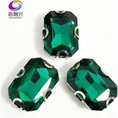 Malachite green Rectangle octagonal shape Glass Crystal sew on D shape claw rhinestones,Diy Clothing accessories SWCD14