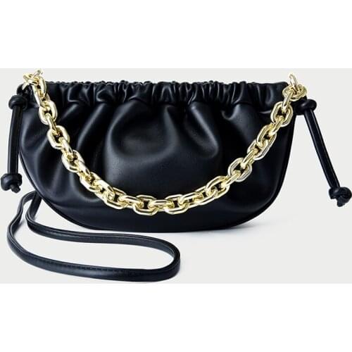 Fashion Soft Pu Leather Thick Chain Shoulder Bag Solid Color Female Pleated Cloud Pack Designer Handbag Tote Bolso Hombro Cadena