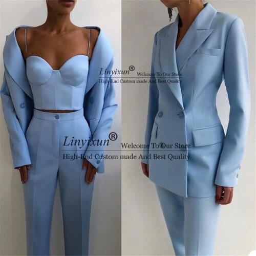 Fashion Blue Spring 3 Pieces Set Of Bride Wedding Suits Women Jacket+Vest+Pants Outfits Leisure Evening Prom Party Custom Made