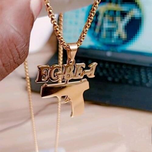 Men Chain Thick Name Pendant Necklace Custom Jewelry Personalized Name Necklaces Gun Charm Choker Stainless Steel Bijoux Femme