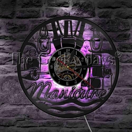 Doodle Manicure Nail Salon Vinyl Record Wall Clock With LED illumination Beauty Salon Glamour Woman Sign LED Hanging Lamp