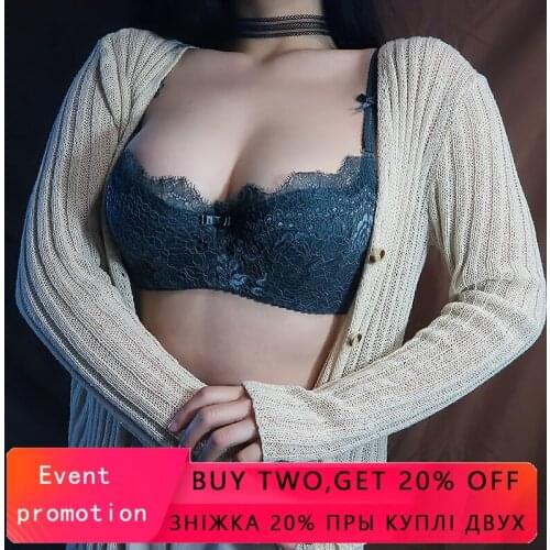 Shaonvmeiwu new 1/2 half cup sexy eyelashes thin cotton lingerie lace thin mold cup deep V gathered bra set student bra