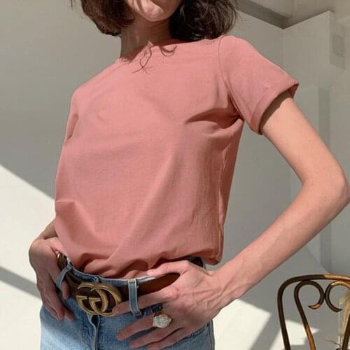Solid Casual Loose Tshirt Korean O Neck Female Tops oversized T-shirt Cotton T Shirt Harajuku Basic Women Summer New Simplicity