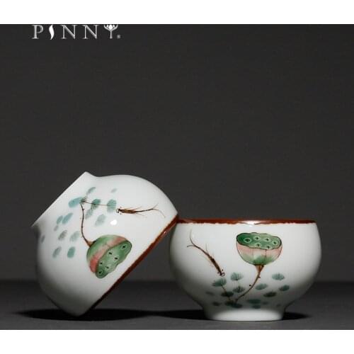 PINNY 85ML Hand Painted Lotus Ceramic Teacup Retro Kung Fu Tea Cups Pigmented Drinkware Tea Bowl