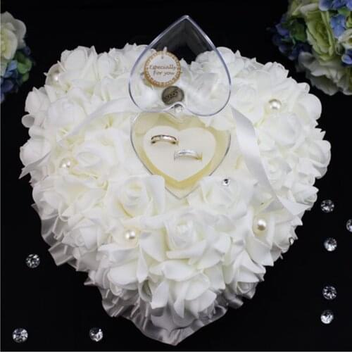 Heart-shape Rose Flowers Valentines Day Gift Ring Box Romantic Wedding Jewelry Case Ring Bearer Pillow Cushion Holder