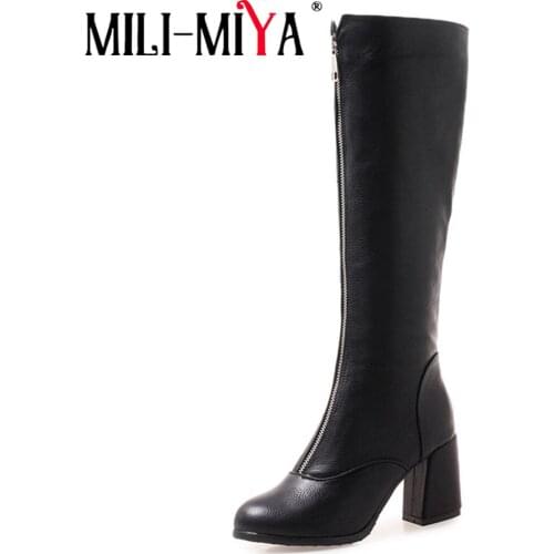 MILI-MIYA Knee High Boots Big Size High Quality Riding&Equestrian Roung toe Square heel solid Zipper handmade Classic for women
