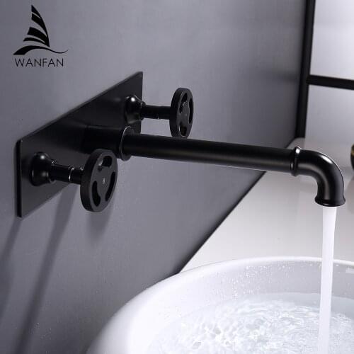 Basin Faucets Wall Mounted Industrial Style Bathroom Sink Basin Mixer Tap Faucet 3 Pcs Black Faucet Dual Handles 20A16R