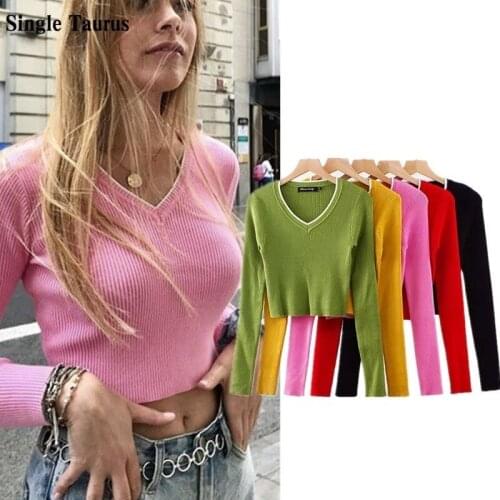 Stretch Women Cropped Sweaters Fashion Avocado Green Long Sleeve Sexy Pullovers Korean Tight Sweater Basic Bodycon Knitted Tops