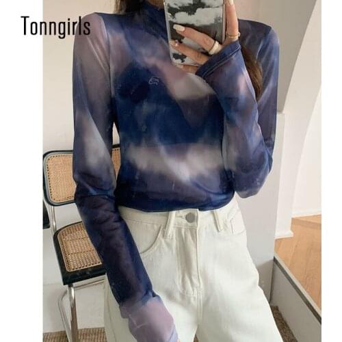 Tonngirls Tie Dye Mesh Tops Sexy Turtleneck Summer T-shirt Women Spring See Through Long Sleeve Tshirts Y2k Fashion Mesh T-shirt