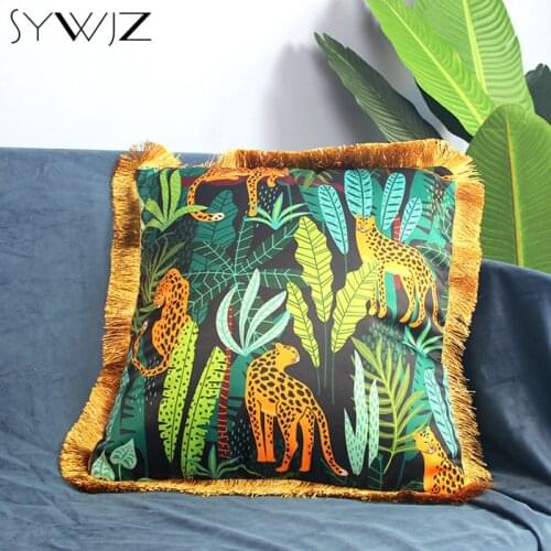 Tropical Animal Forest Cushion Cover Golden Tassels Around Decorative Pillow Cover Home Decor leopard Throw Pillows funda cojine