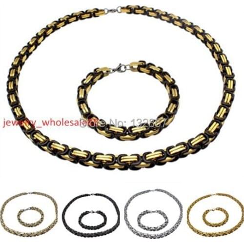 Choose Jewelry Set Men Cool handmade Byzantine Box Chain Bracelet & Necklace Stainless Steel Jewelry 8.5mm wide 24'' + 8.66