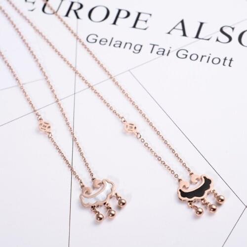 YUN RUO Rose Gold Color Natural Shell Longevity Lock Pendant Necklace for Woman Girl Fashion Gift 316 L Stainless Steel Jewelry