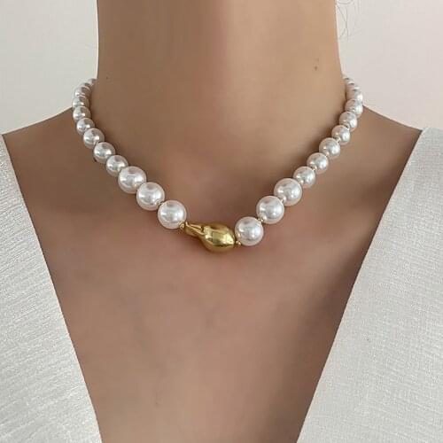 GSOLD Retro Exaggerated Imitation Pearl Clip Metal Round Bead Necklace Simple Temperament Clavicle Chain Women Fashion Jewelry