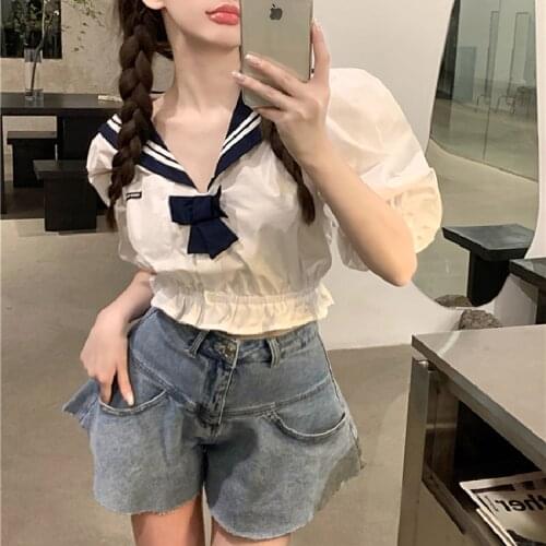 Preppy Style Navy Lapel Neck Shirt Womens 2021 Summer Fashion Vintage Puffs Sleeve Crop Tops Streetwear